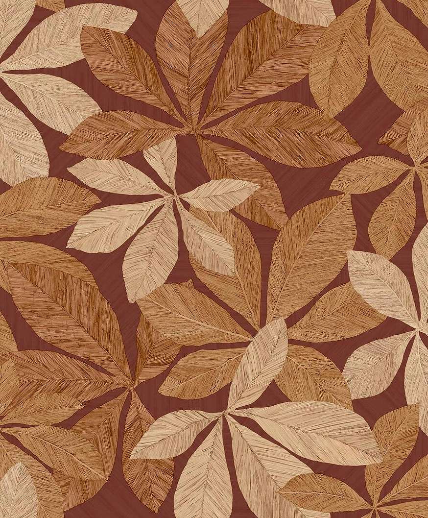 Intarzia hatású levélmintás design tapéta bordó színben