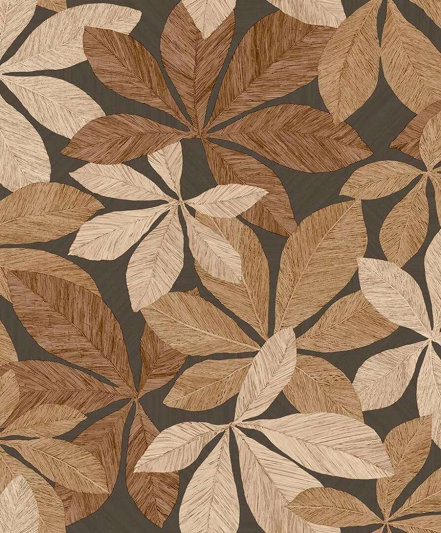 Intarzia hatású levélmintás design tapéta fekete színben