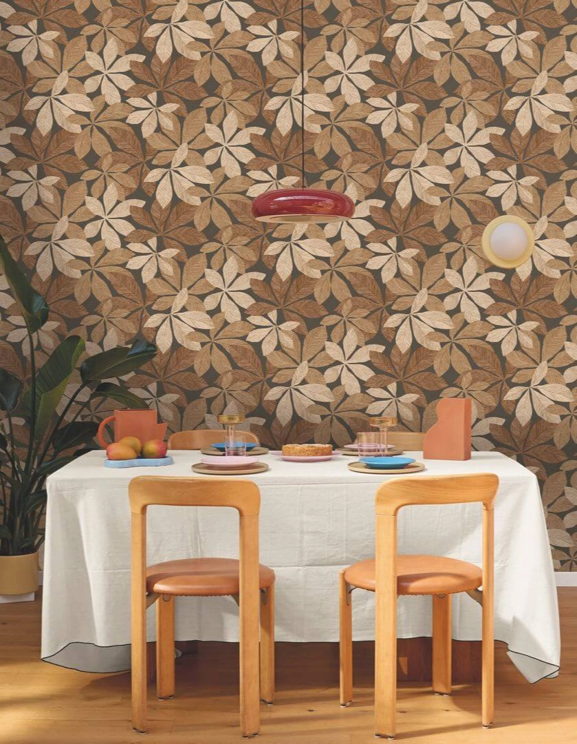 Intarzia hatású levélmintás design tapéta fekete színben