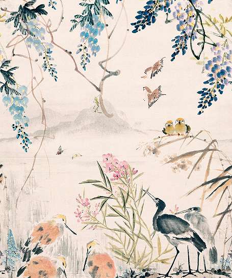 Japán stílusú virág és daru madár mintás posztertapéta akvarell stílusban