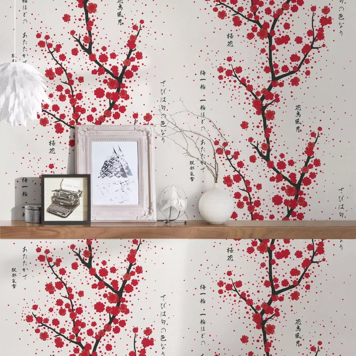 Japán stílusú vlies design tapéta piros keleties virágmintával