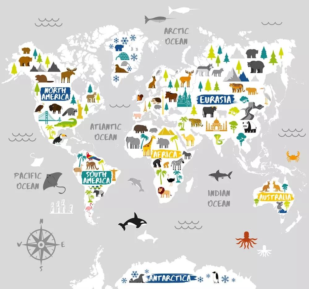 Kedves állat mintás világtérkép mintás vlies fali poszter gyerekeknek