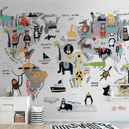 Kedves gyerek világtérkép mintás poszter téglamintás alapon mosható vinyl