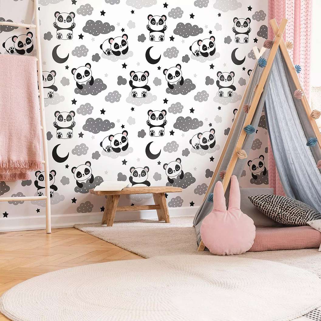 Kedves rajzolt panda mintás gyerekszobai fali poszter 368x254 vlies