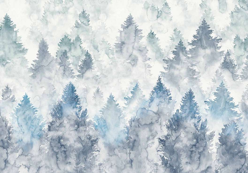 Kék akvarell fanyőerdő mintás vlies poszter tapéta
