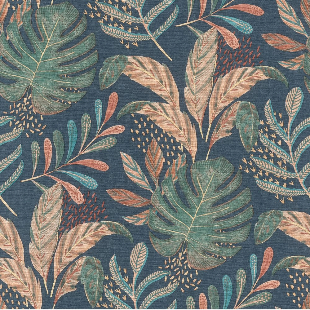 Kék alapon botanikus pálmaleveles dekor tapéta