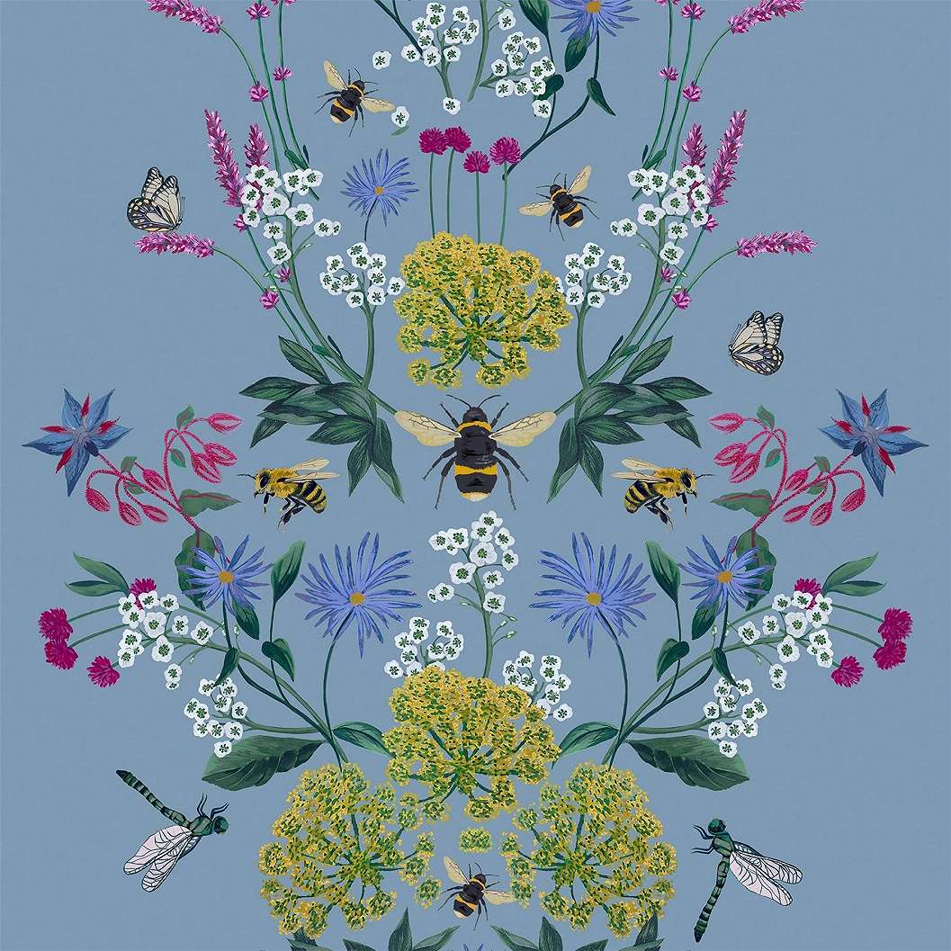 Kék alapon mezei virágos méhecske mintás angol tapéta