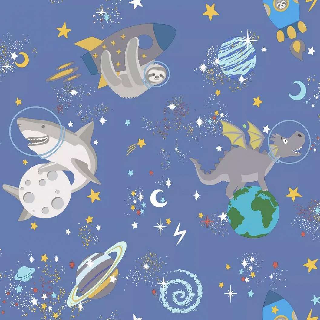 Kék alapon sárkány, bolygó, csillag mintás dekor gyerektapéta