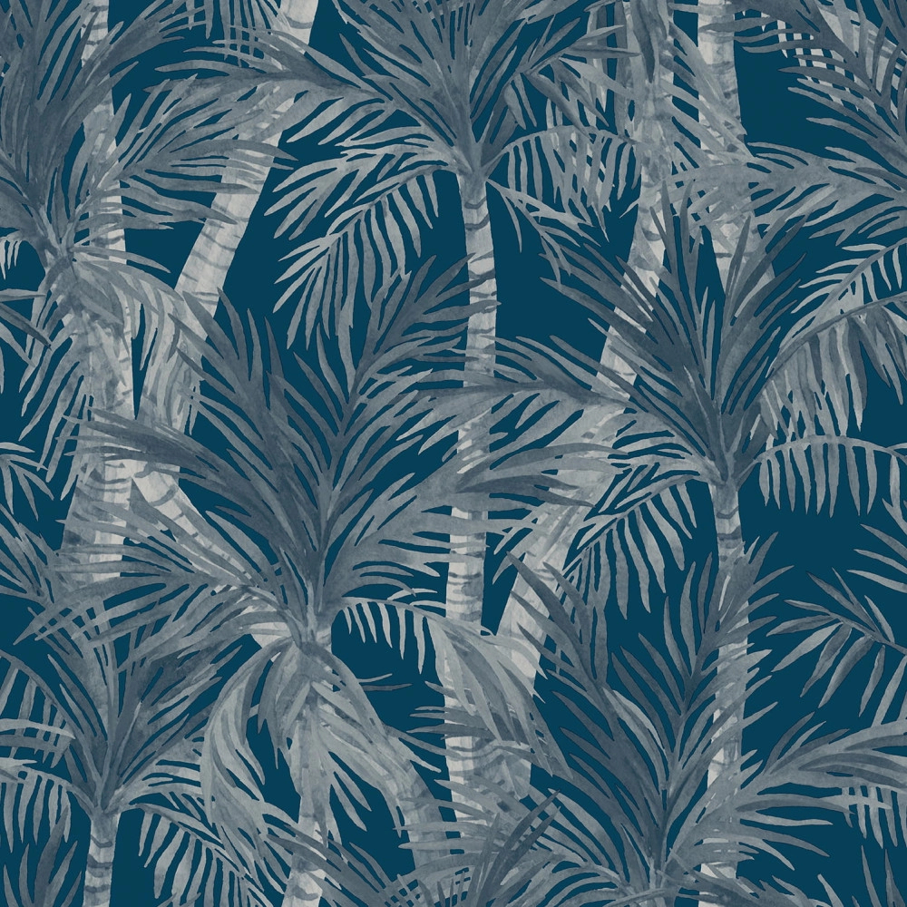 Kék alapon szürke akvarell pálmafa mintás dekor tapéta