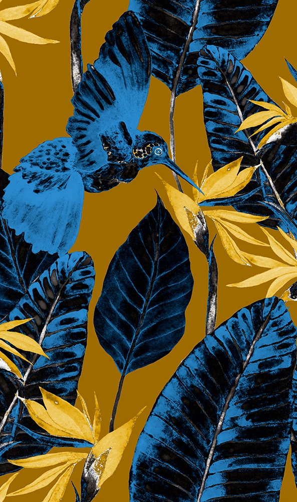 Kék aranysárga kolibri mintás egyedi fotótapéta 160cm x 270cm méretben