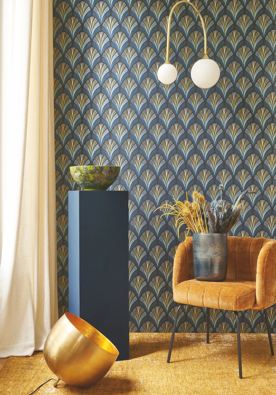 Kék art deco design tapéta geometrikus mintval