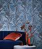 Kék bronz trópusi pálmalevél mintás prémium design tapéta