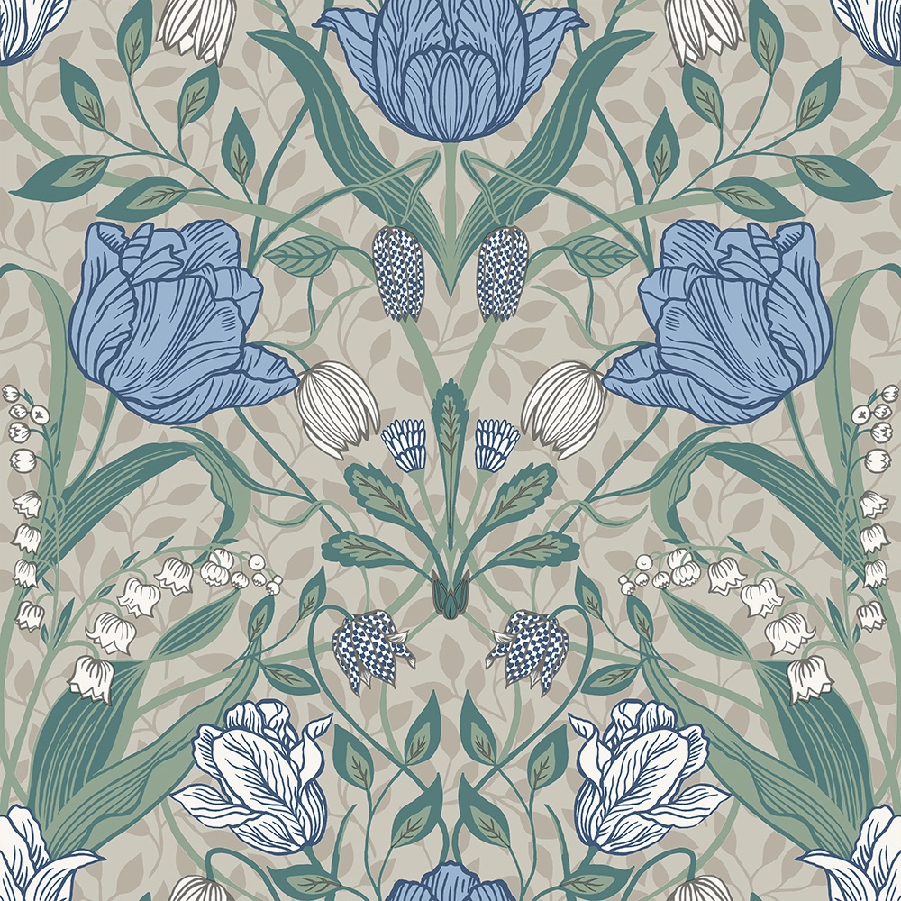 Kék dekor tapéta klasszikus angol stílusban virág mintával