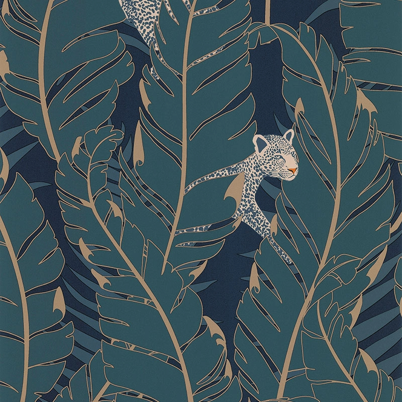 Kék design tapéta pálmalevél és leopárd mintával