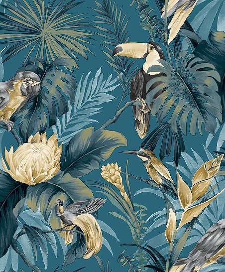 Kék dzsungel mintás trendi vlies design tapéta papagáj és tukán mintával