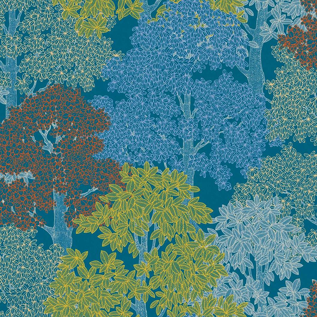 Kék erdei fa mintás design tapéta apró levél mintákkal