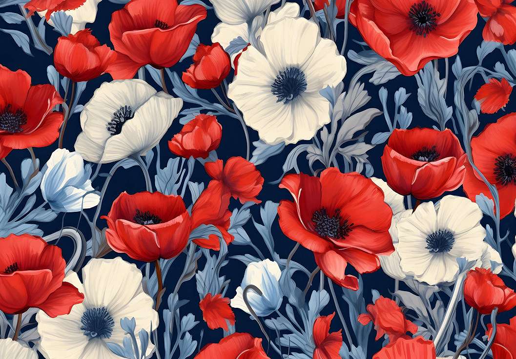 Kék és piros és szürkés fehér óriás virág mintás poszter tapéta 368x254 vlies