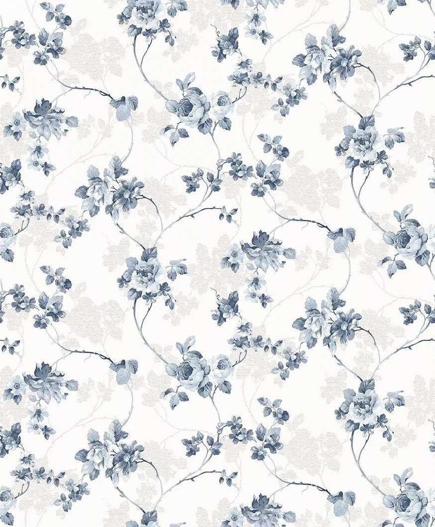 Kék fehér virágmintás tapéta provance stílusban