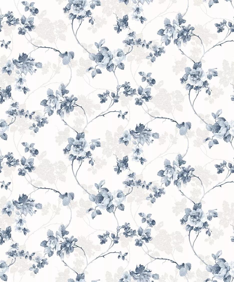 Kék fehér virágmintás tapéta provance stílusban