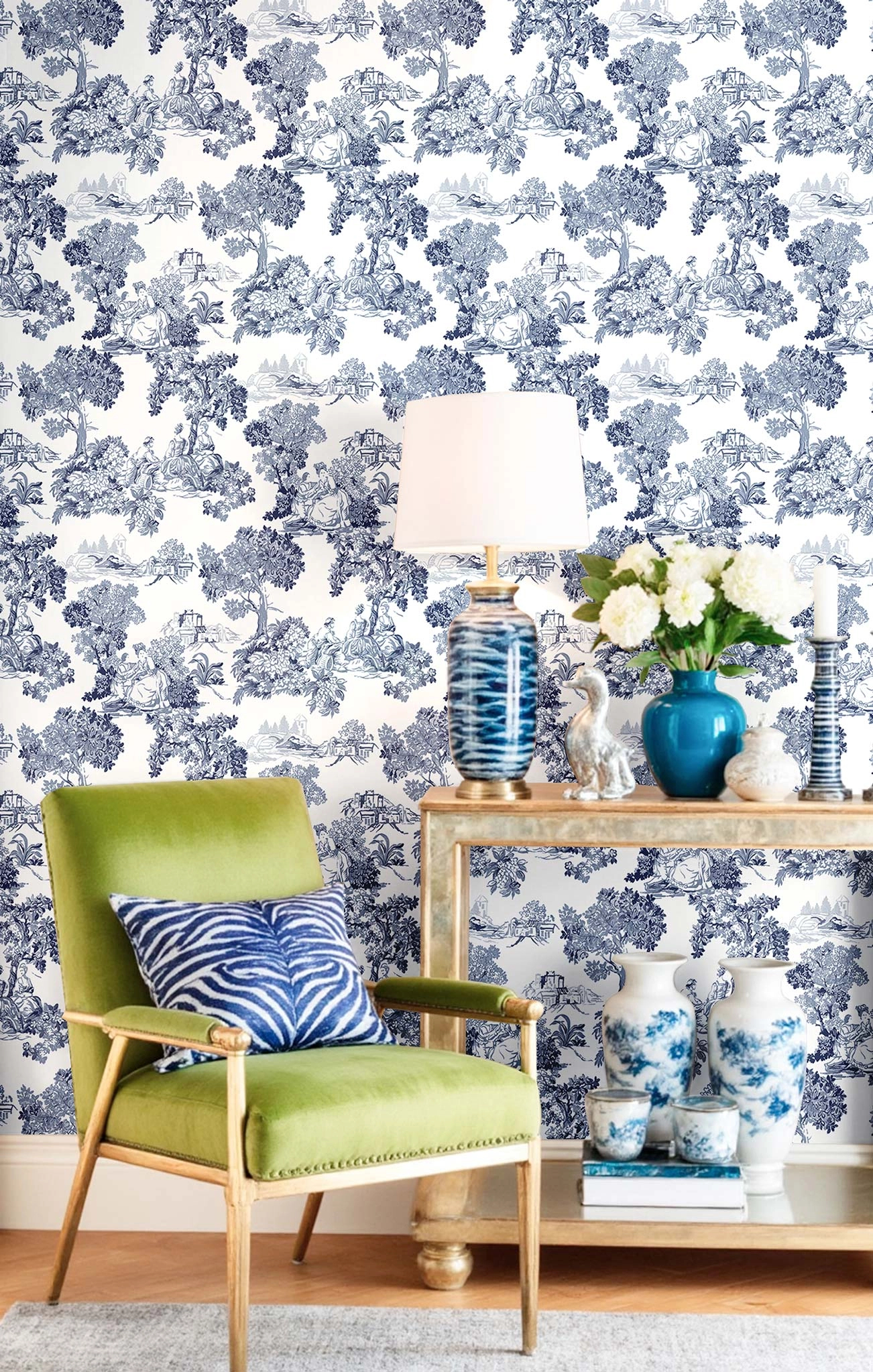 Kék francia TOILE stílusú vlies design tapéta