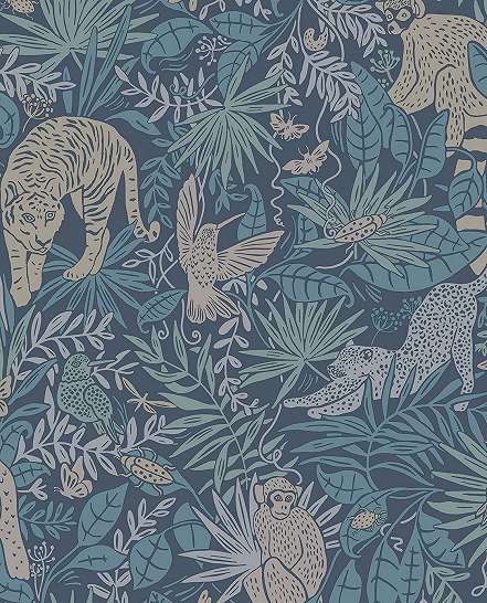 Kék gyerek design tapéta dzsungel és leopárd mintával