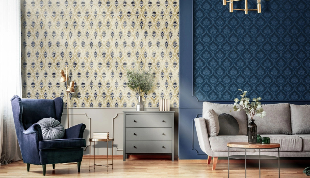 Kék kék barokk mintás klasszikus olasz design tapéta