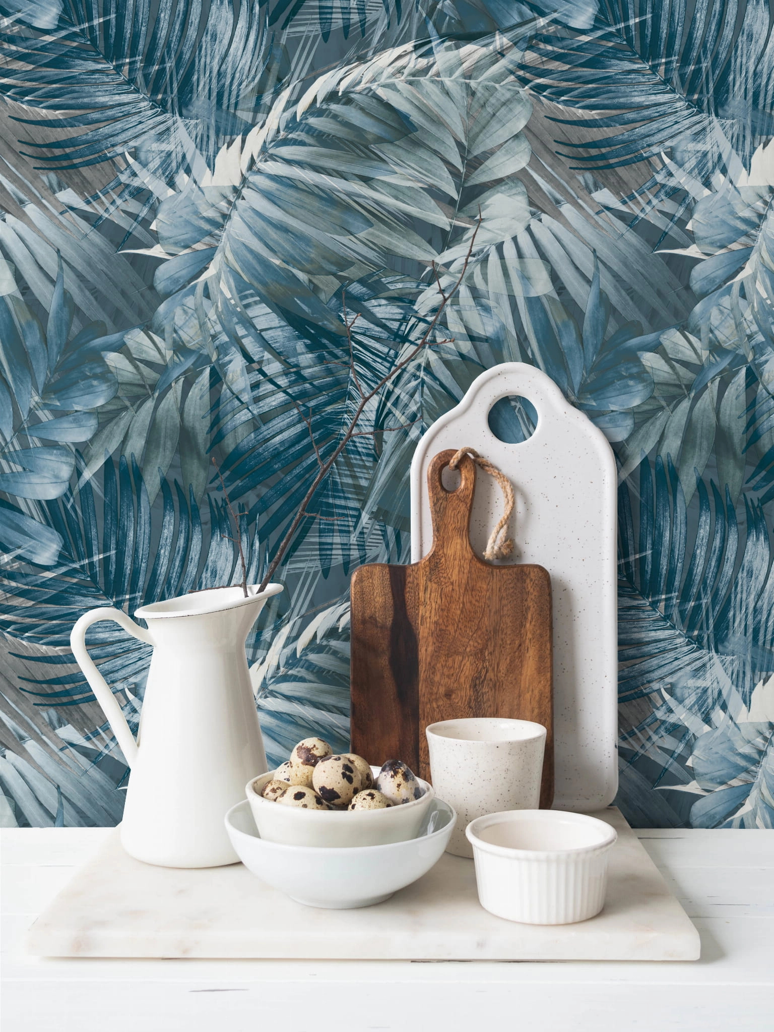 Kék modern dekor tapéta pálmaleveles mintával mosható