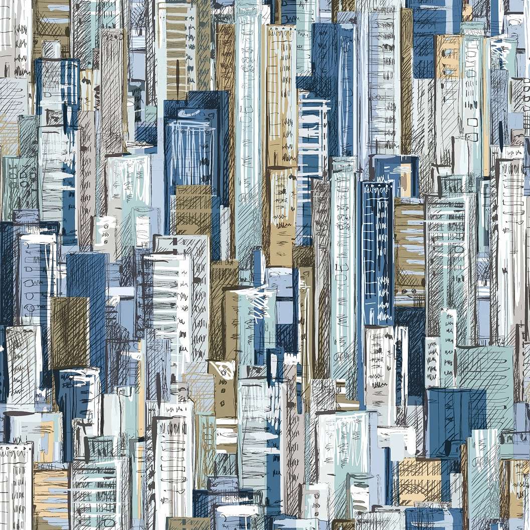 Kék rajzolt felhőkarcoló mintás tapéta kamasz tini szobába