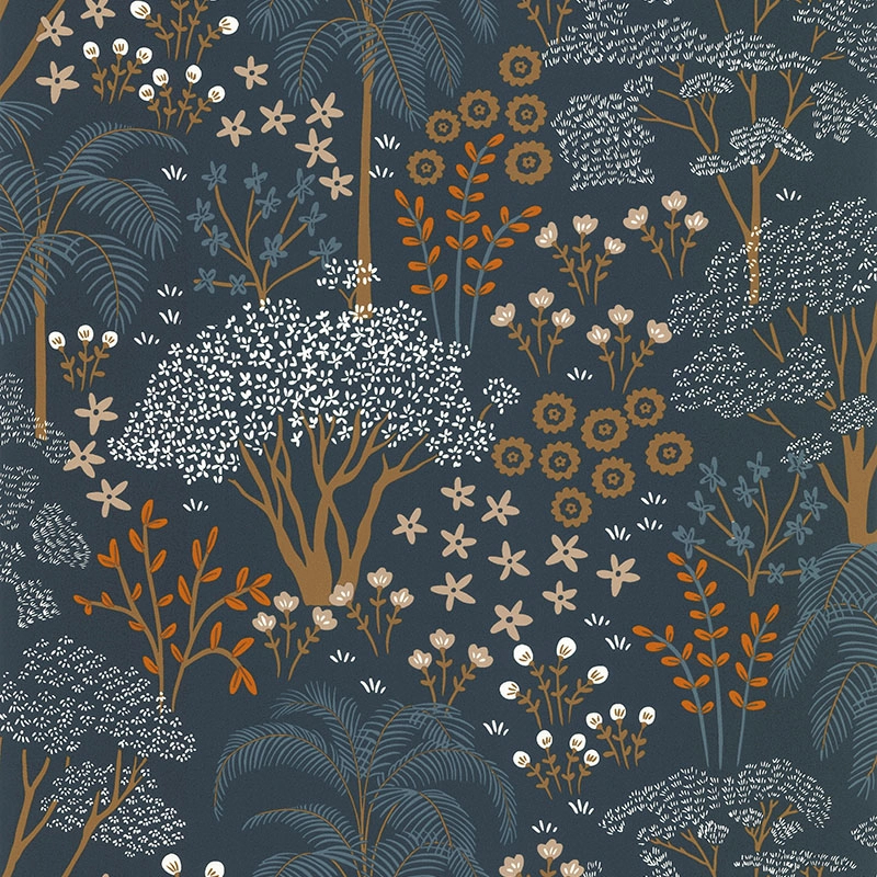 Kék skandi stílusú design tapéta erdei fa mintával