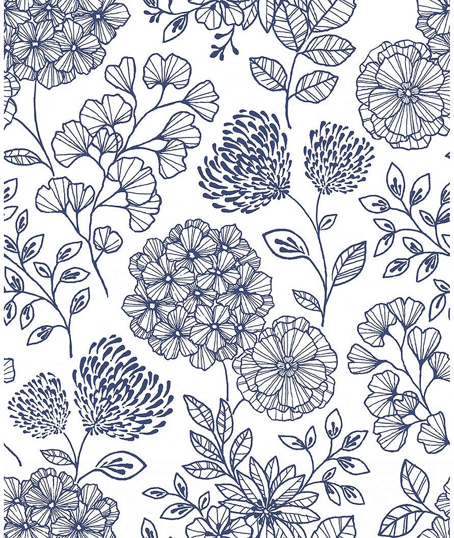 Kék skandi stílusú virágmintás dekor tapéta fehér alapon