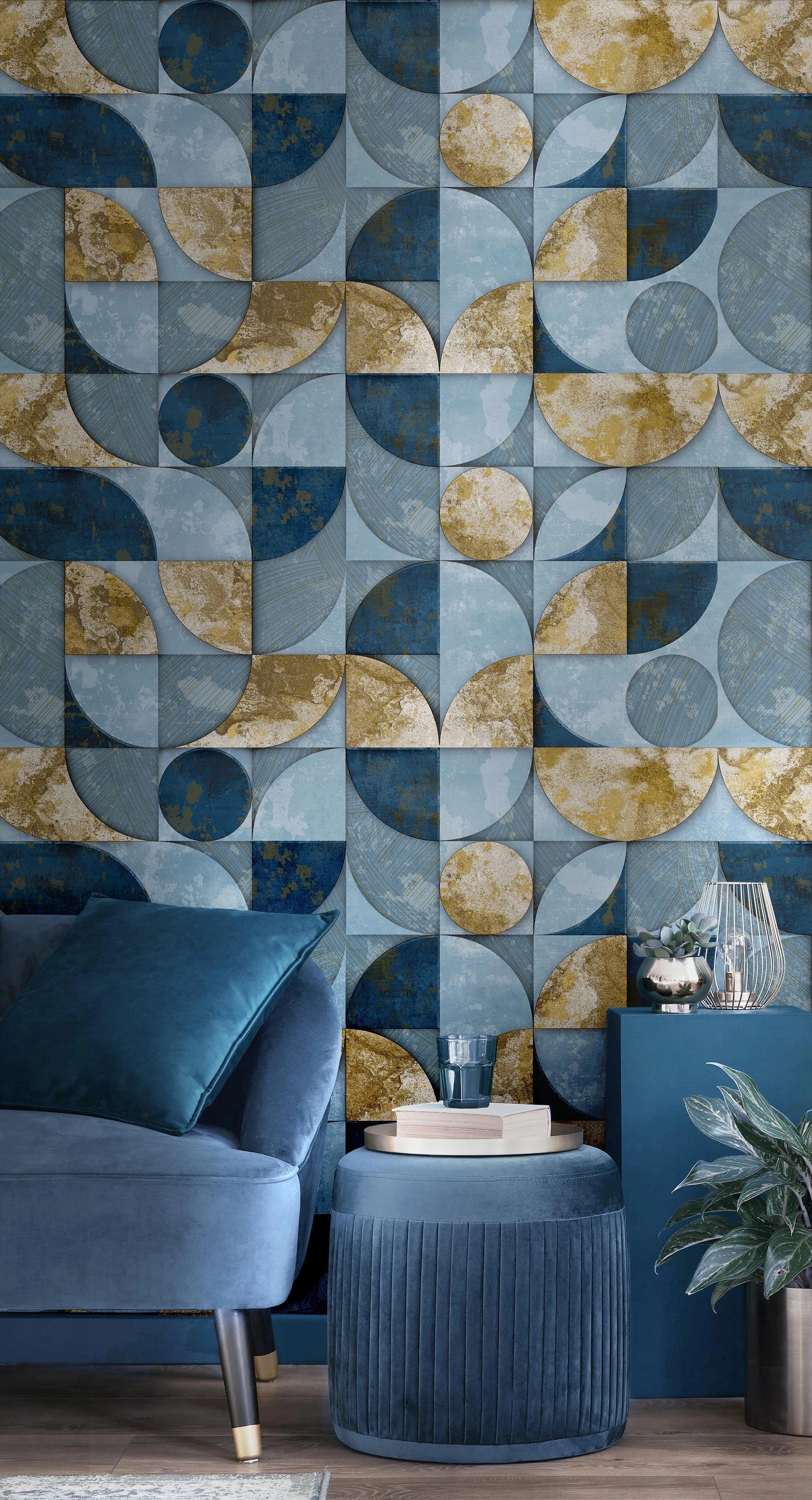 Kék struktúrált olasz design tapéta geometrikus mintával 106cm széles