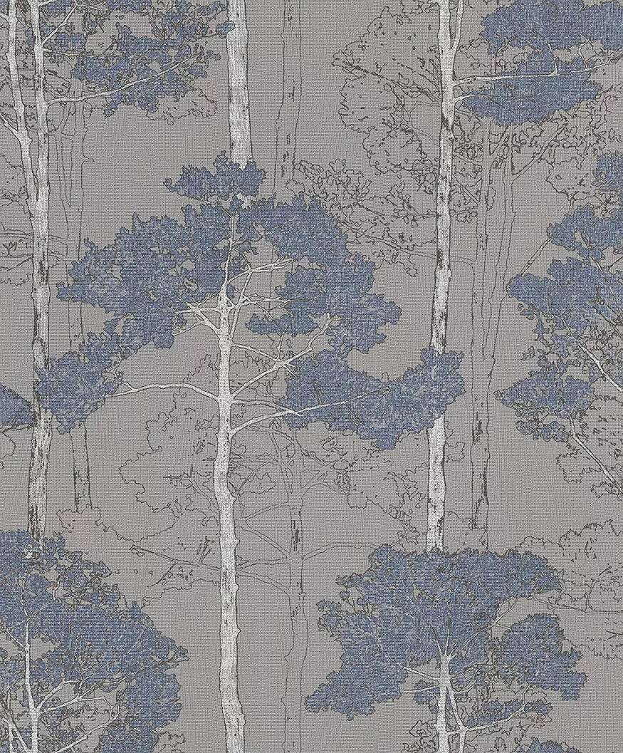 Kék szürke erdei fa mintás tapéta