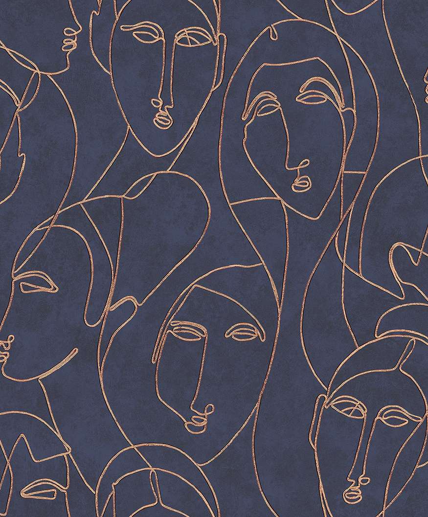 Kék tapéta art deco hangulatú női arc mintával