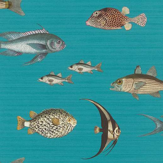 Kék textilhatású alapon tengeri hal mintás design tapéta