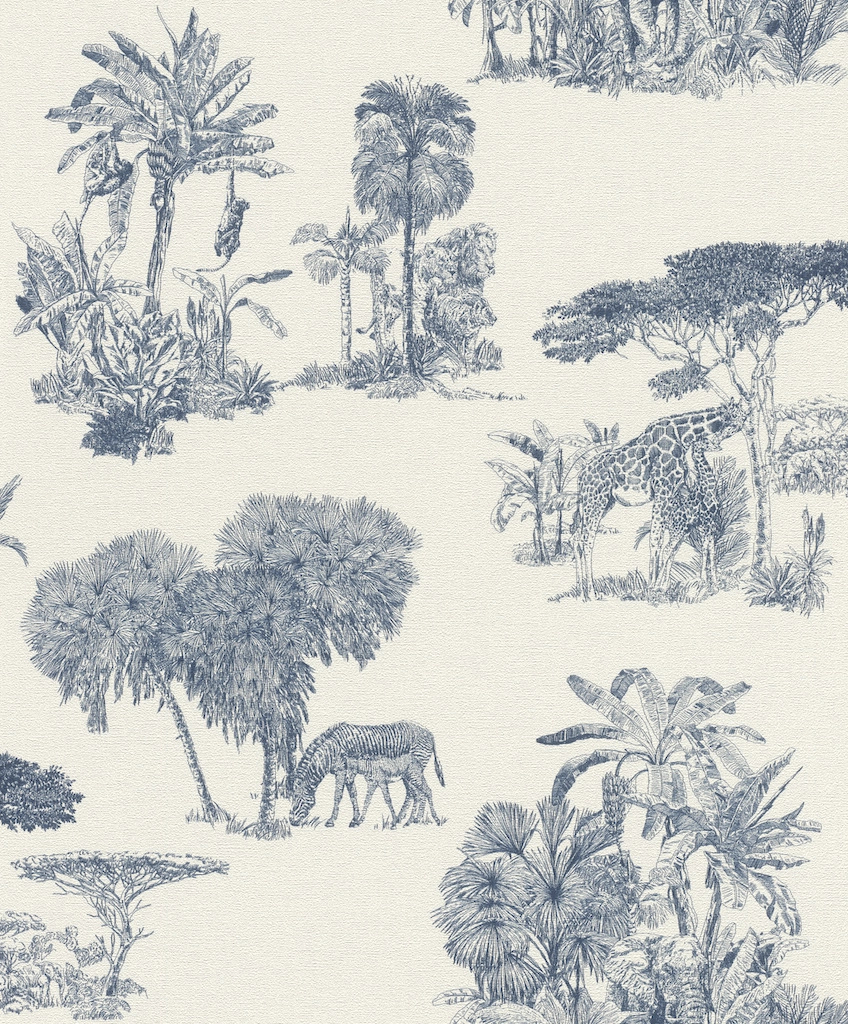 Kék trópusi botanikus és állat mintás design tapéta