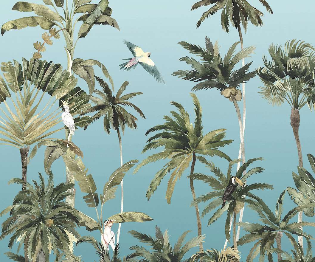 Kék trópusi pálmafa ás madár mintás fali poszter
