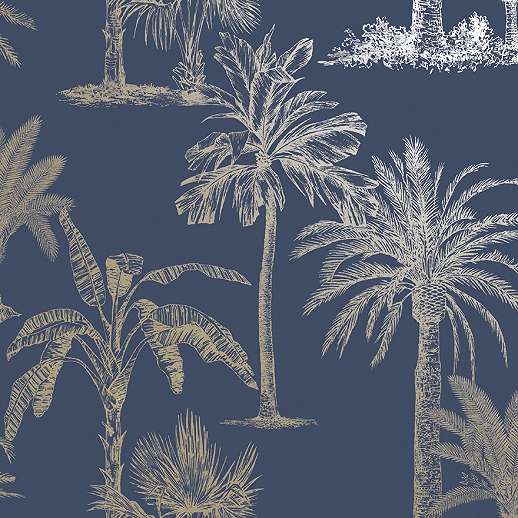 Kék trópusi pálmafa mintás metál fényű dekor tapéta
