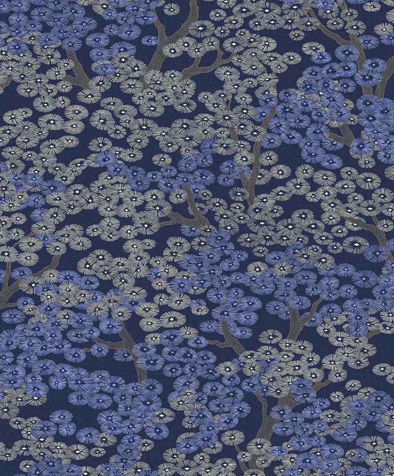 Kék virágmintás vlies design tapéta orientális japán stílusban