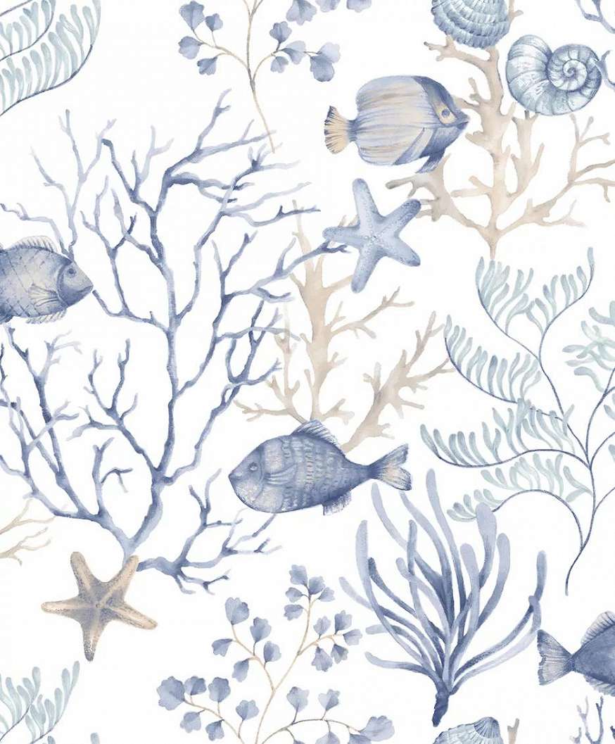 Kék vlies tapéta hal és tengeri élővilág mintával