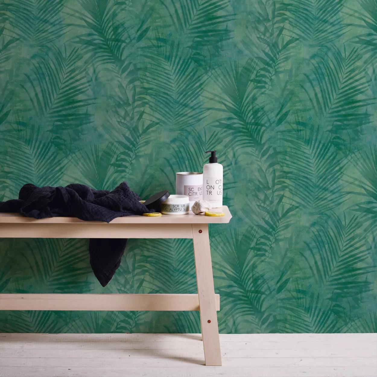 Kékeszöld modern design tapéta pálmalevél mintával vinyl felülettel