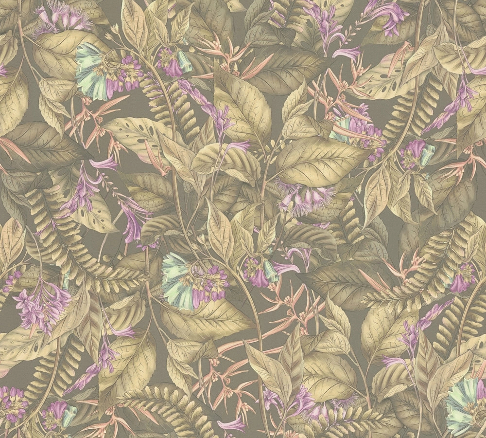 Keki, barna design tapéta trópusi levél botanikus mintával vinyl mosható