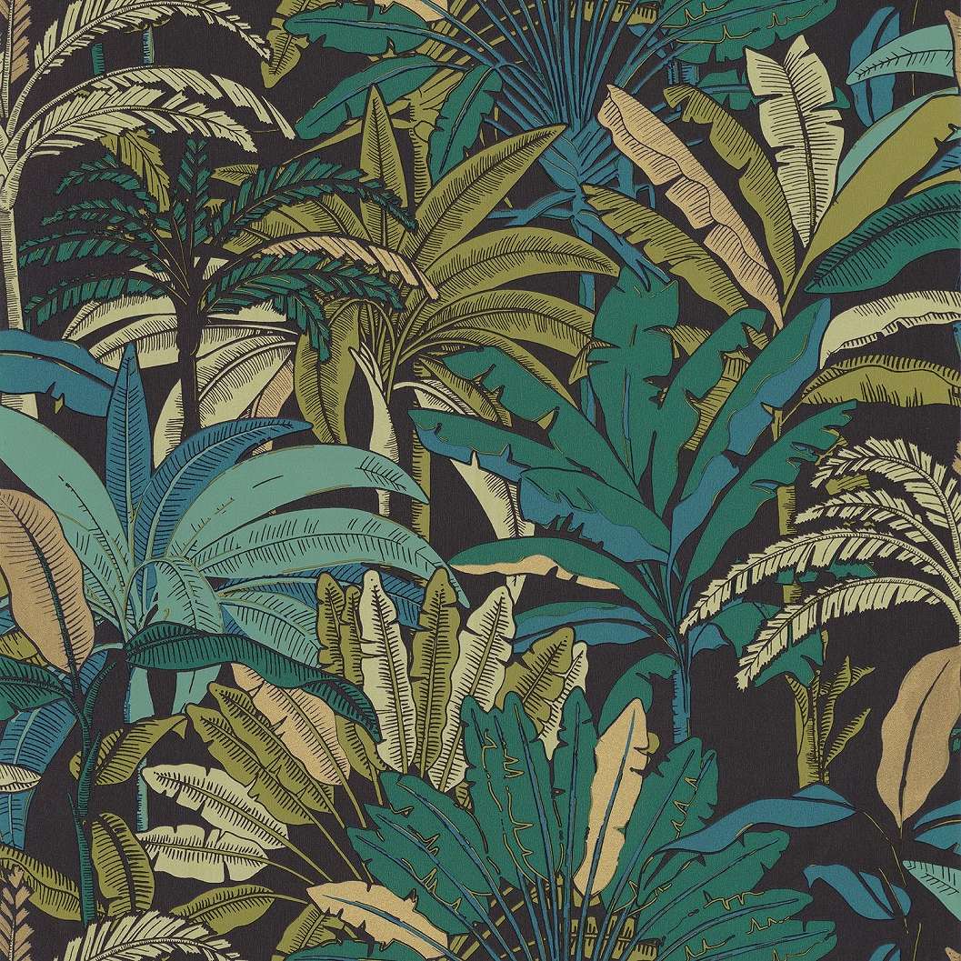 Keki zöld fekete dzsungel mintás mosható design tapéta