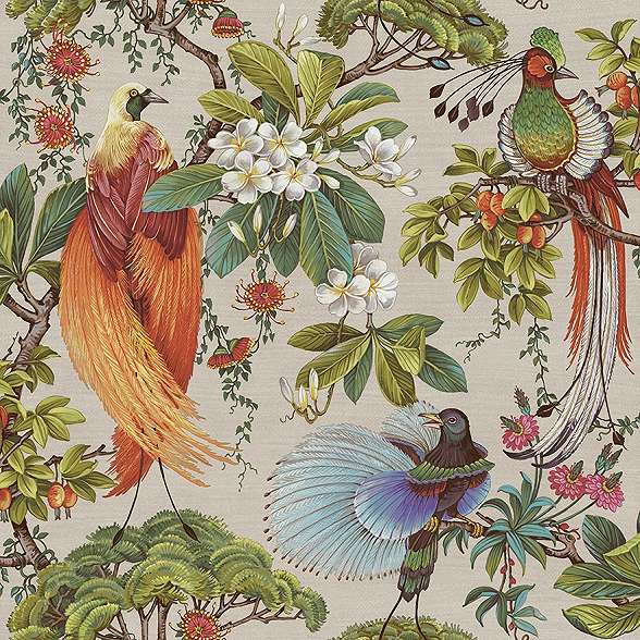 Keleties hangulatú trópusi madár és bonsai mintás design tapéta krém színben