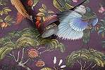 Keleties hangulatú trópusi madár és bonsai mintás design tapéta lilás színben