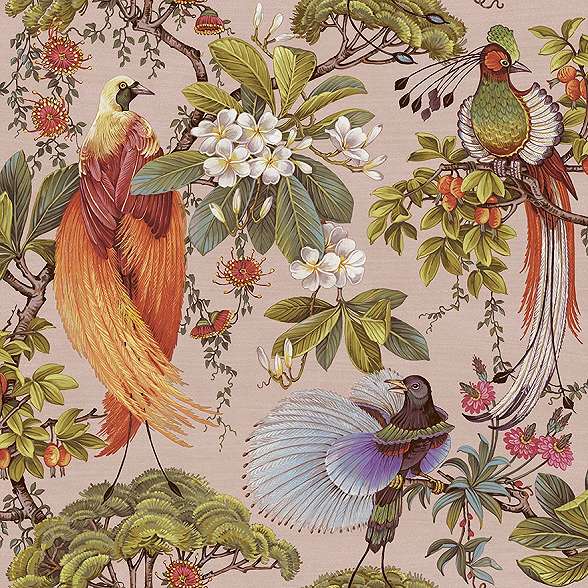 Keleties hangulatú trópusi madár és bonsai mintás design tapéta púder pink színben
