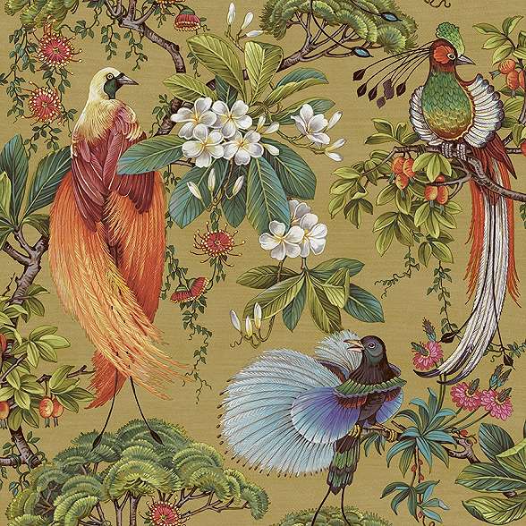 Keleties hangulatú trópusi madár és bonsai mintás design tapéta sárgás színben