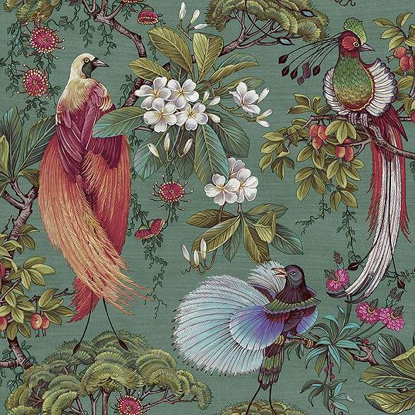 Keleties hangulatú trópusi madár és bonsai mintás design tapéta zöldes színben