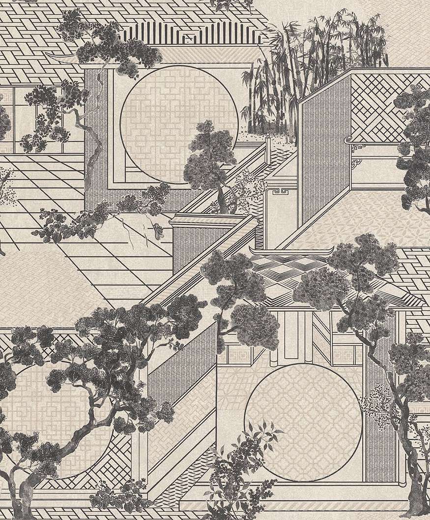 Keleties japán stílusú, zen kert mintázatú fekete, fehér design tapéta