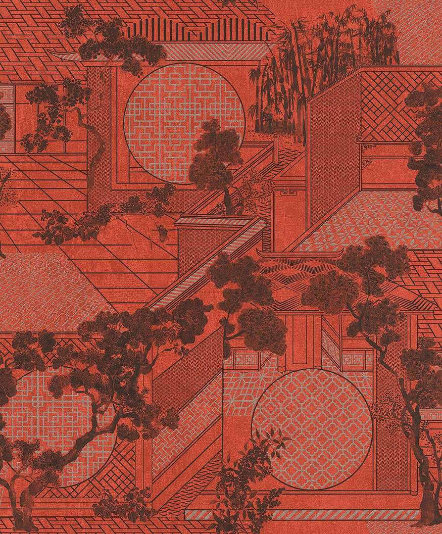 Keleties japán stílusú, zen kert mintázatú piros design tapéta