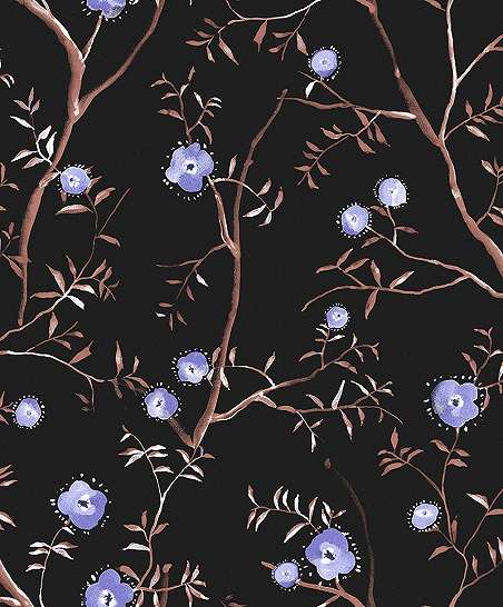 Khroma design tapéta fekete alapon lila virág mintákkal